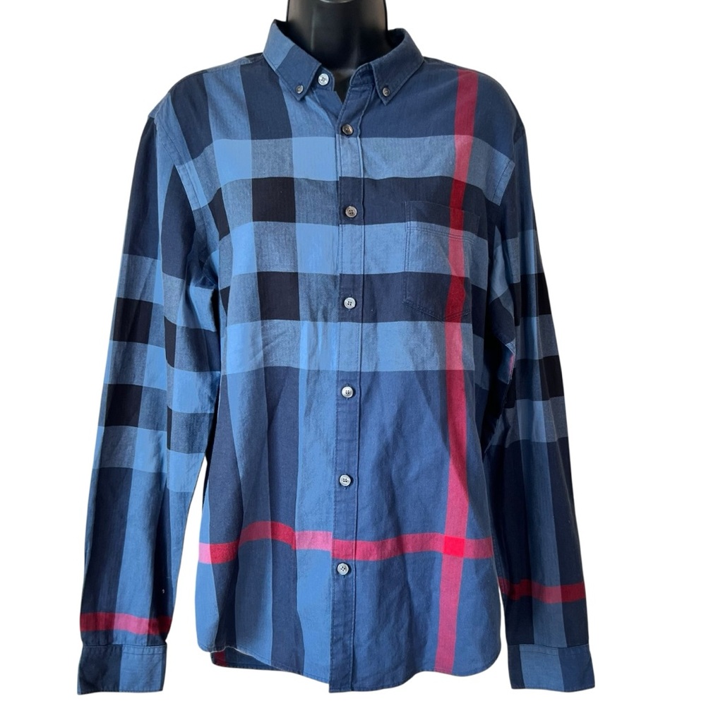 BURBERRY BRIT Long Sleeve Classic Blue Plaid Nova Check Button Down Shirt